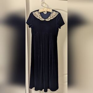 Navy Velvet Girls dress with lace collar